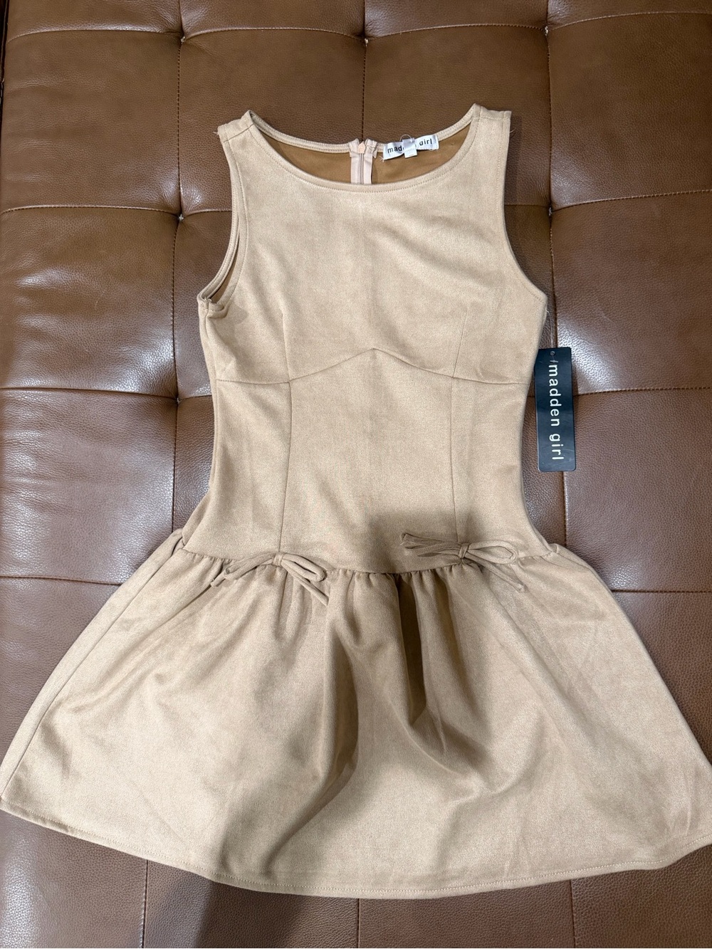 NWT Madden Girl Beige Faux Suede Fit & Flare Dress Bow Zip Lined Short Size M